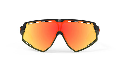 Rudy Project running and cycling sport sunglasses#color_defender-matte-black-frame-and-multilaser-orange-lenses-olive-orange-stripes-bumpers