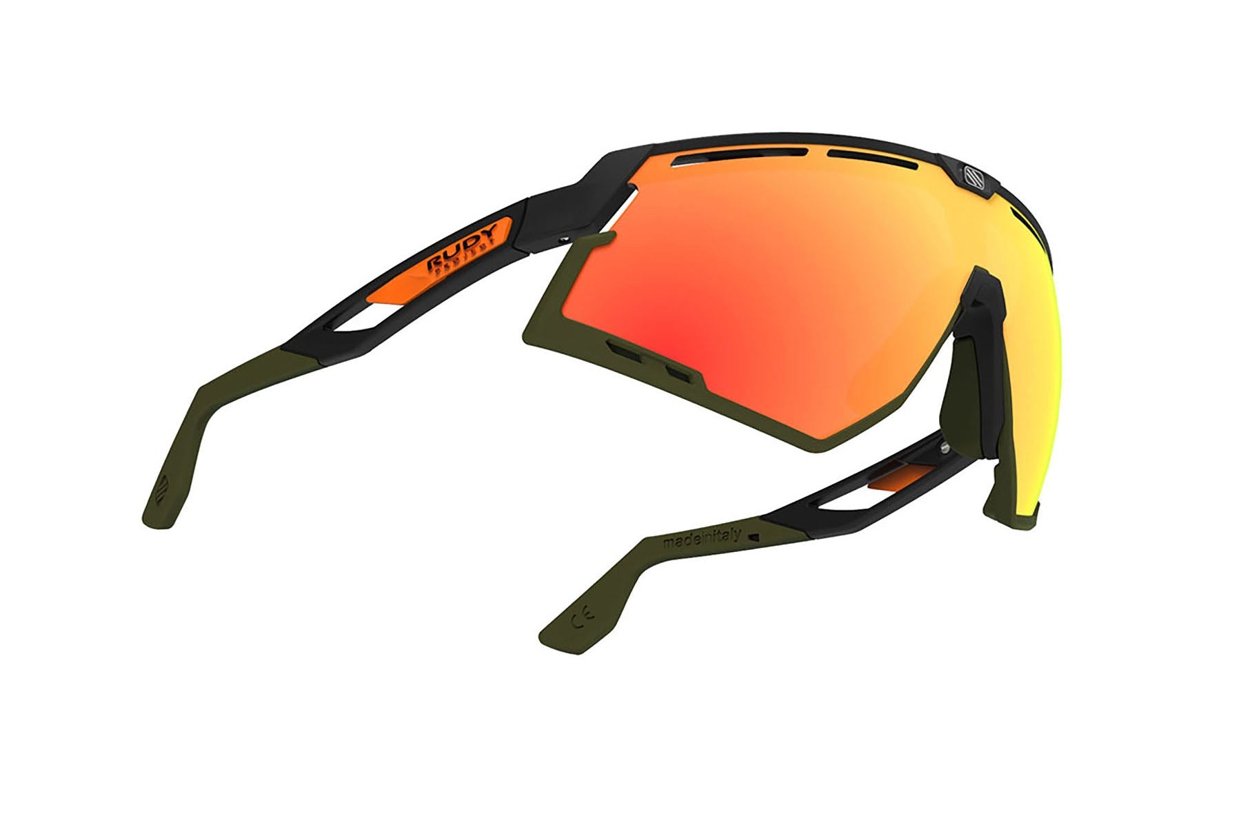 Rudy Project running and cycling sport sunglasses#color_defender-matte-black-frame-and-multilaser-orange-lenses-olive-orange-stripes-bumpers