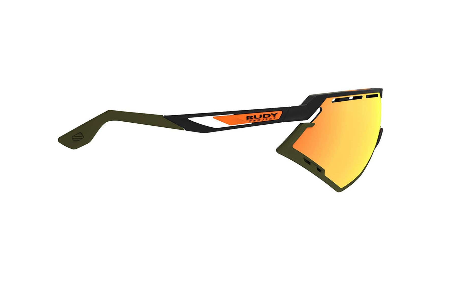 Rudy Project running and cycling sport sunglasses#color_defender-matte-black-frame-and-multilaser-orange-lenses-olive-orange-stripes-bumpers