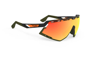 Rudy Project running and cycling sport sunglasses#color_defender-matte-black-frame-and-multilaser-orange-lenses-olive-orange-stripes-bumpers