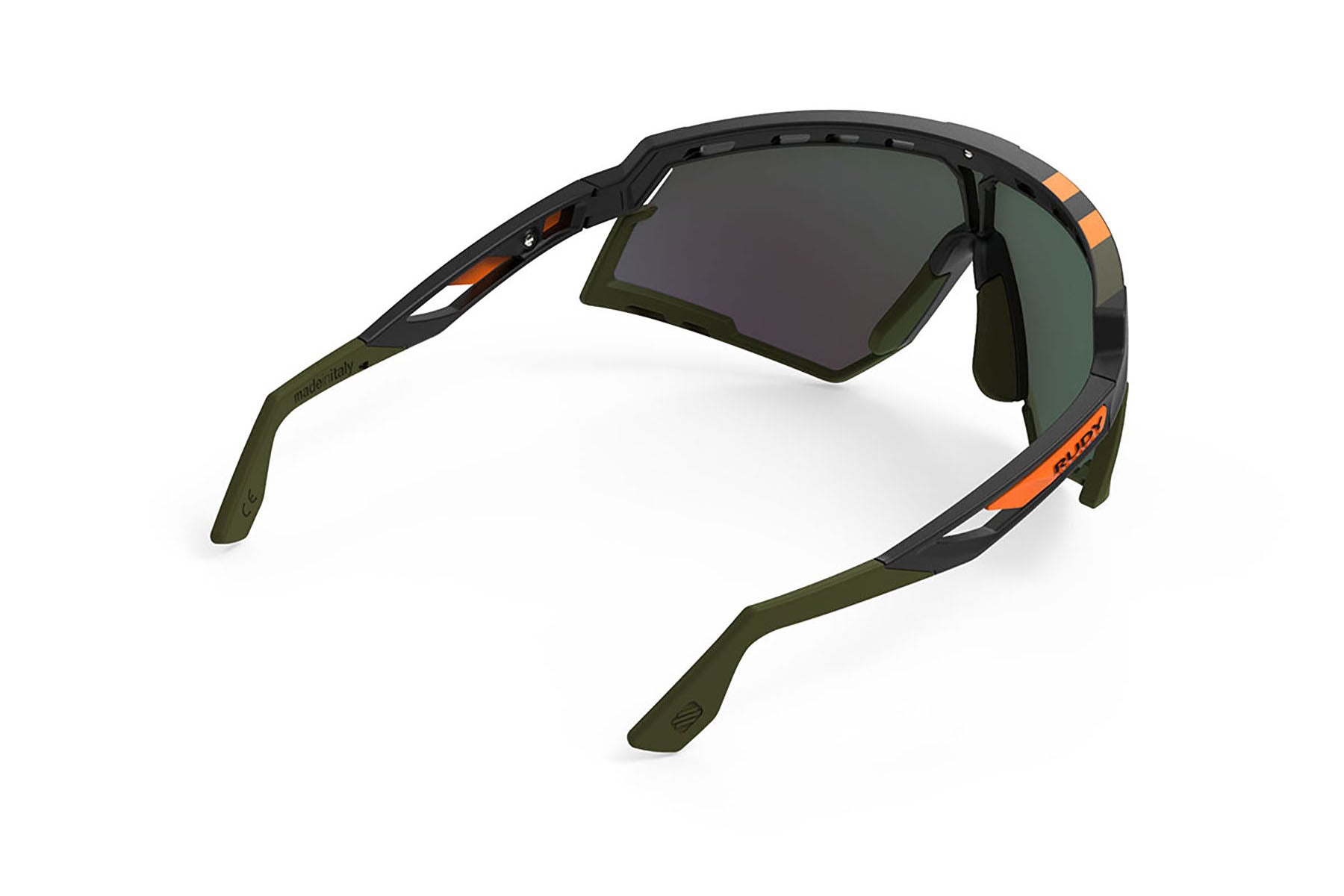 Rudy Project running and cycling sport sunglasses#color_defender-matte-black-frame-and-multilaser-orange-lenses-olive-orange-stripes-bumpers