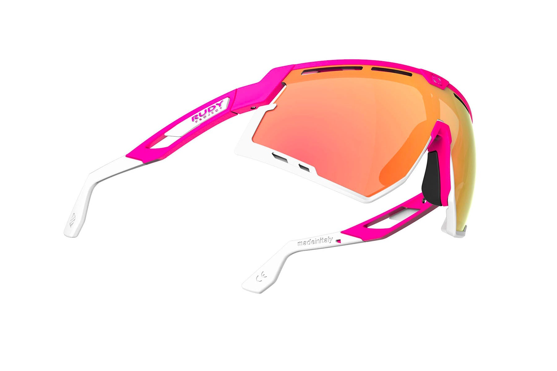 Rudy Project Defender running and cycling sport and sport prescription sunglasses#color_defender-pink-fluo-matte-frame-with-multilaser-orange-lenses-white-bumpers