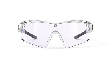 Rudy Project Tralyx running and cycling sport shield prescription sunglasses#color_tralyx-plus-white-gloss-frame-with-impactx-photochromic-2-laser-purple-lenses