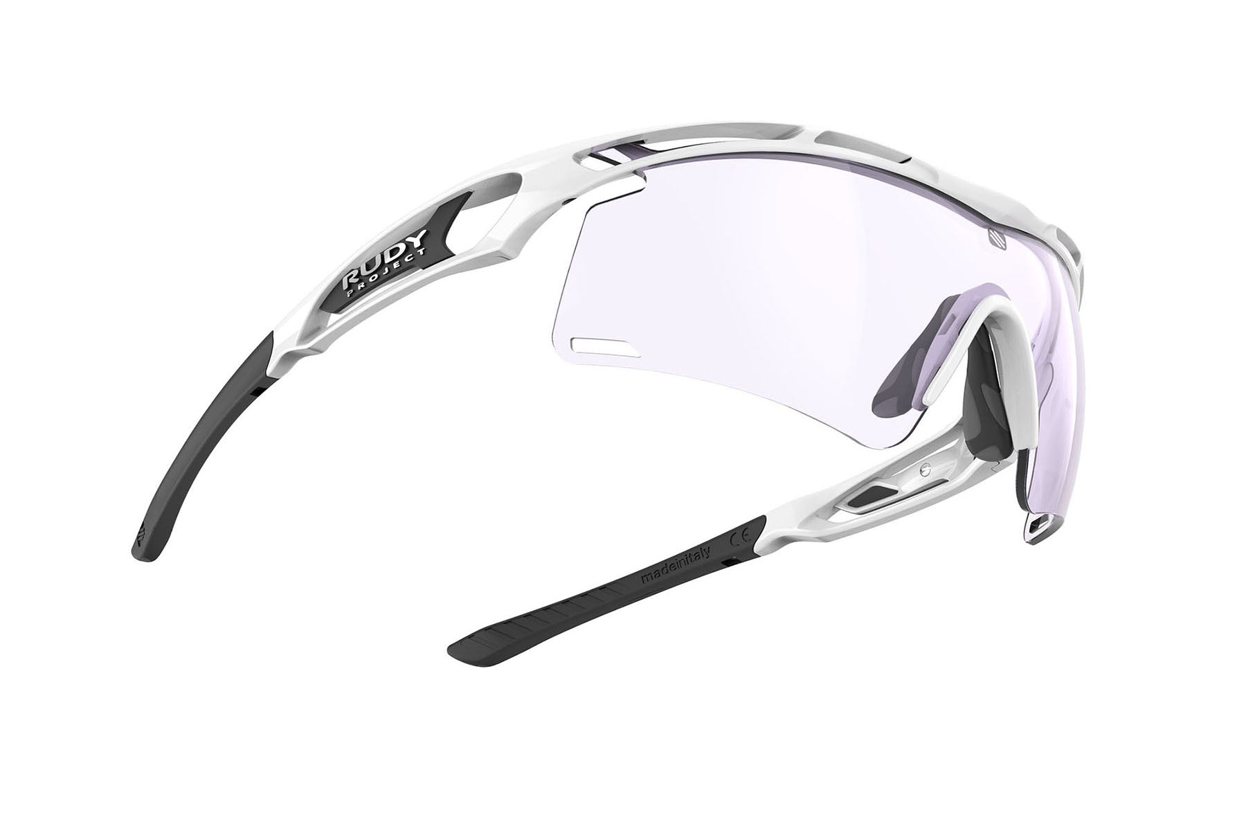 Rudy Project Tralyx running and cycling sport shield prescription sunglasses#color_tralyx-plus-white-gloss-frame-with-impactx-photochromic-2-laser-purple-lenses